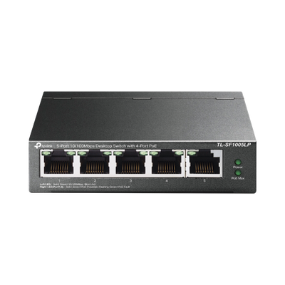 [TLSF1005LP] Switch PoE No Administrable de Escritorio / 5 puertos 10/100 Mbps / 4 puertos PoE af / Presupuesto 41 W / Modo extensor PoE hasta 250 metros / Calidad video prioritaria