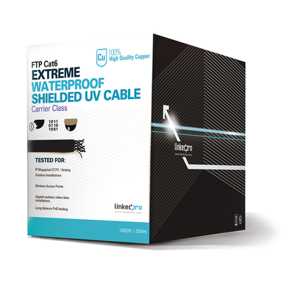 [PRO-CAT-6-EXT] Bobina de Cable de 305 Metros (1000 Pies) Cat6+ Calibre 23 Exterior Blindado Tipo FTP para Climas Extremos, UL, Color Negro