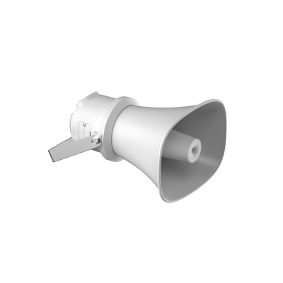 Bocina (Altavoz IP ) | Tipo Trompeta | 7 Watts | PoE+ | Exterior IP67 | Metal | Voceo en tiempo real | Calendarización de audios | Síntesis de Voz (TTS) | Entrada de alarma 