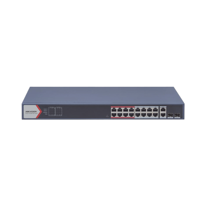 Switch PoE+ / Monitoreable / 16 puertos 10/100 Mbps PoE+ / 2 Puertos 1000 Mbps Uplink / 2 Puertos SFP de Uplink /  Configuración Nube Hik-Partner Pro / Modo Extendido hasta 300 metros / 230 W 