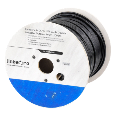 [EP-CAT-5E-V2-EXT] Bobina de Cable de 305 Metros (1000 Pies) Cat5e, Aleación de Cobre y Aluminio (CCA), Color Negro, Uso Intemperie, Doble Forro