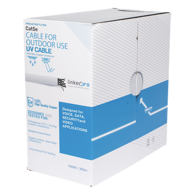 [PRO-CAT5-EXT-LITEW-V2] Bobina de cable de 305 m, Cat5e, para intemperie, sin blindar, color blanco, UL, para aplicaciones en CCTV, redes de datos, Requiere tubería para su correcta instalación en ambientes exteriores.