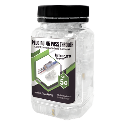 [TC5PASSR] Bote con 50 Plugs Pass through RJ45 Cat5e sin blindaje, con alivio de tensión incluido, chapado de oro a 30 micras para durabilidad extrema