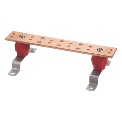 [LP-BUS-TMX122] Barra Unión Telecom TMGB / 12 x 2 x 1/4 in / Cobre 100% / 6+12 Orificios / Montaje Muro Incluido / Aisladores Rojos / J-STD-607-A